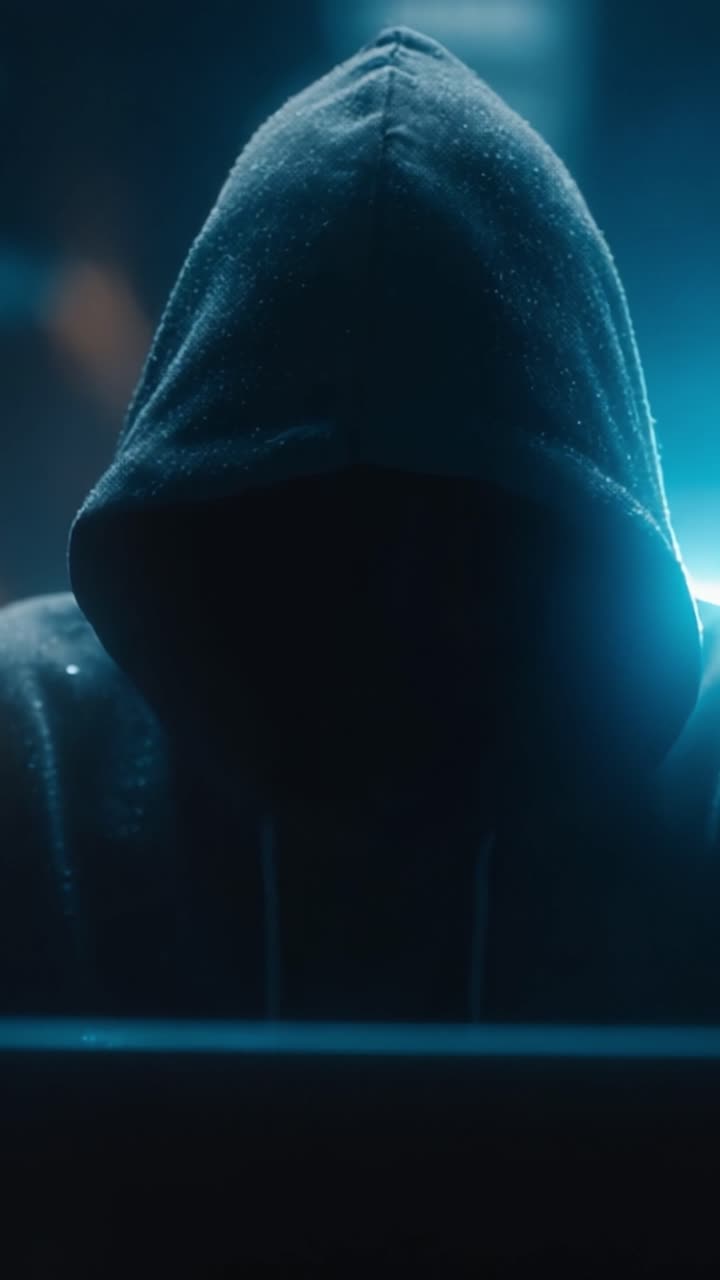 En mystisk skikkelse i en hættetrøje omgivet af et blåt skær, der udstråler en atmosfære af intriger og spænding i et dunkelt oplyst miljø.