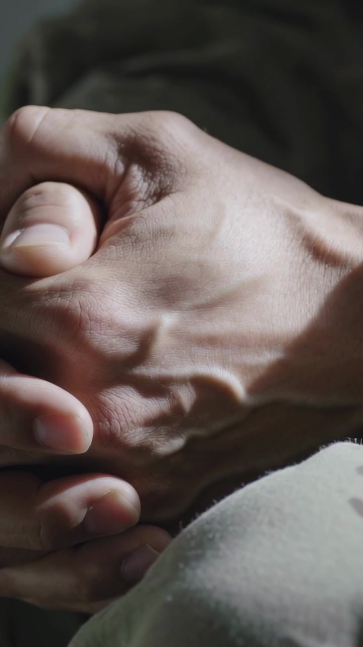 Video verticale: Mani adulte che si muovono, reagendo al respiro sulle ginocchia, mostrando vene e pantaloni color kaki.