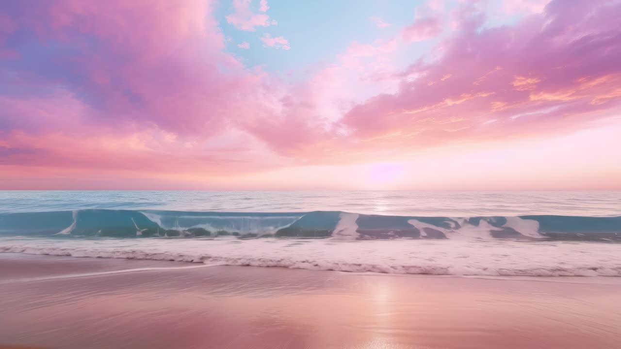 A serene beach at sunset with pink and purple skies, captured from a low angle