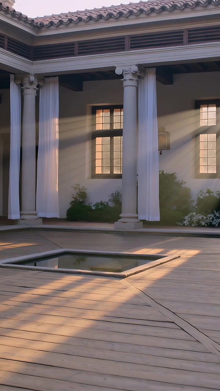 Video verticale: Raggi di sole bassi che si spostano, attraversando un ponte di legno e una piscina in un cortile, riscaldando finestre a piombo.