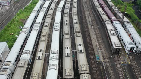 aerial view of a train station with multiple trains