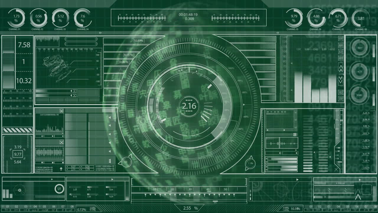 Futuristic data processing animation with circular interface and various metrics