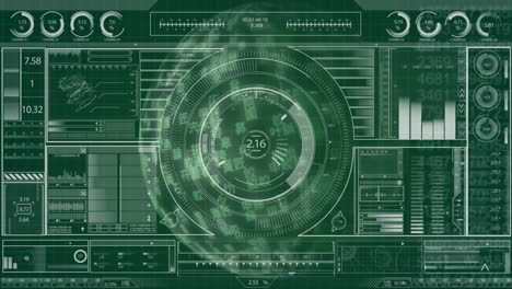 futuristic data processing animation with circular interface and various metrics