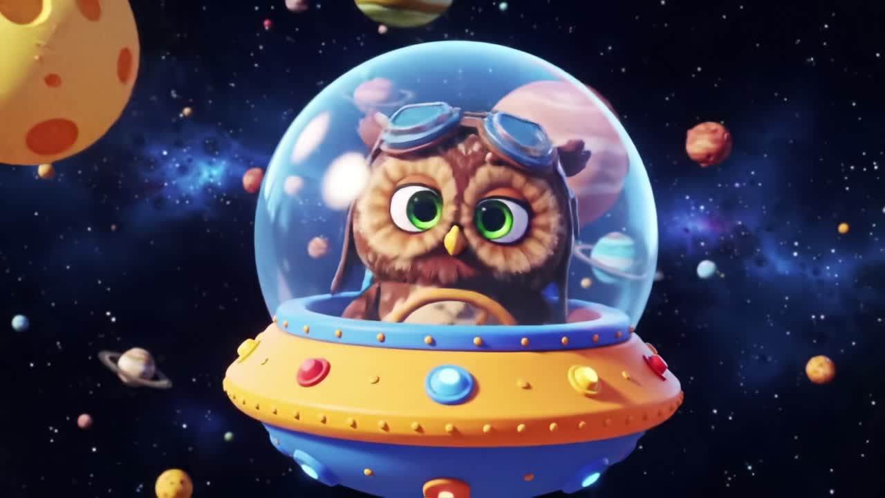Uma aventura no espaço: uma coruja piloto fofa navega por planetas coloridos em uma jornada estelar com um vibrante OVNI e um deslumbrante plano de fundo cósmico