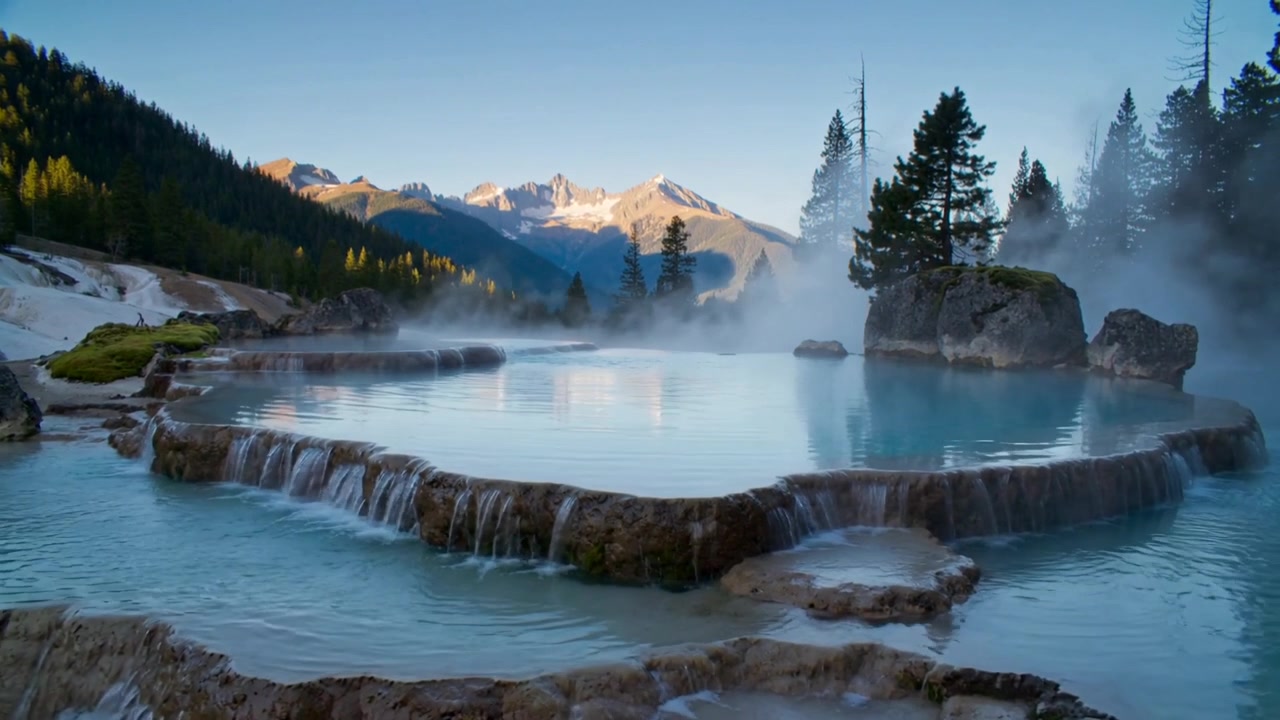Flowing terraced pool sending ripples from cascading ledges and steaming in mountain valley at dawn