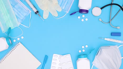 medical instruments and covid-19 prevention frame on blue theme. stop motion