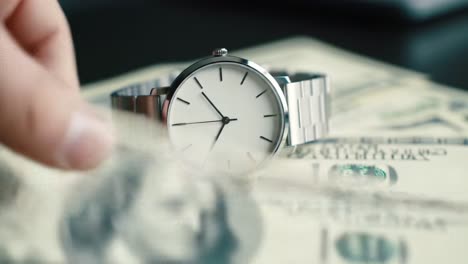 a stylish watch positioned elegantly on a pile of hundred-dollar bills, symbolizing wealth, luxury, and the importance of time management in life and business