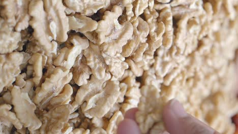 a hand picks a fresh walnut from a pile of shelled walnuts