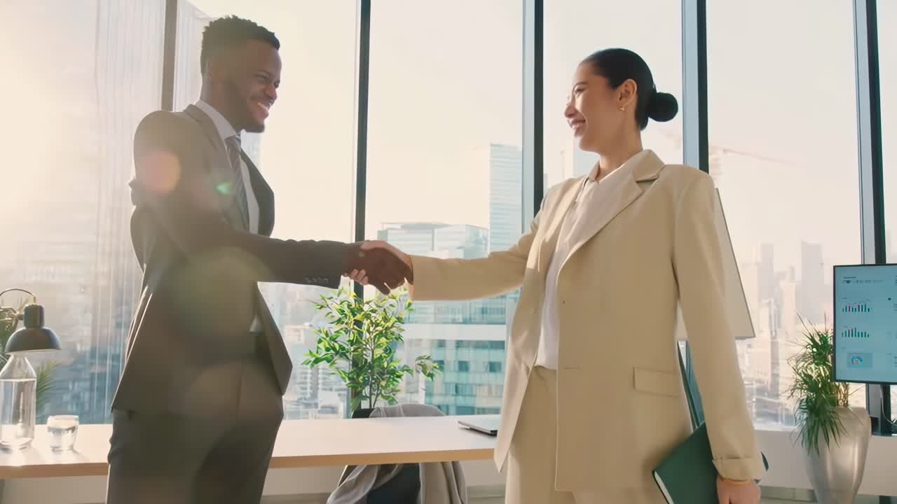 Professional handshake in a bright office, captured from a low angle, in a corporate video