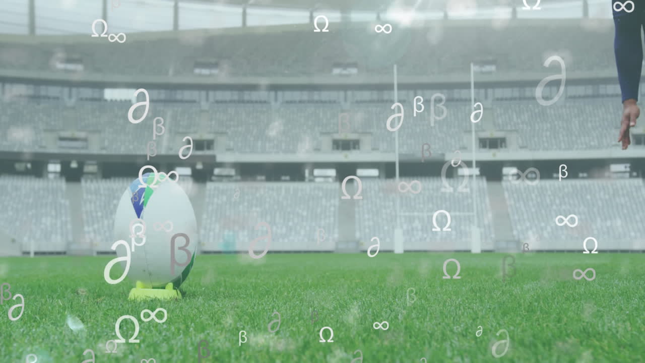 두 인종의 남성 럭비 선수 위에 떠다니는 수학적 기호의 애니메이션