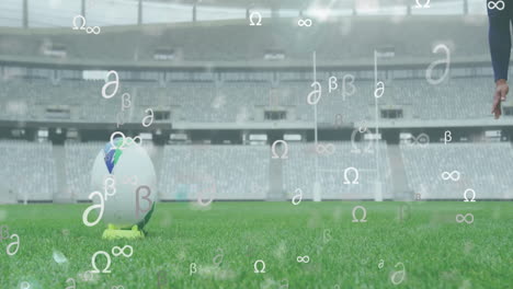 animation of mathematical symbols floating over biracial male rugby player