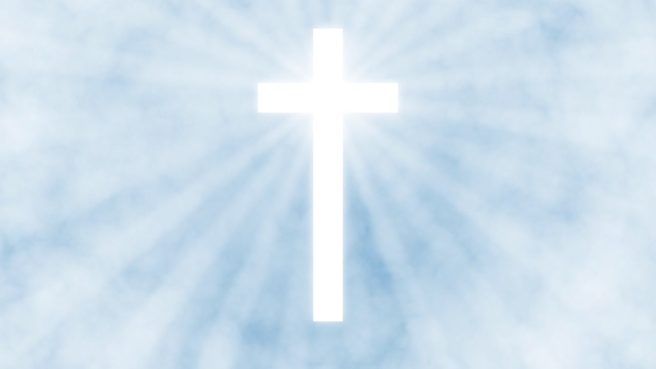 Radiant white cross and clouds with gentle light rays and heavenly atmosphere, divine light, christian faith and spiritual awakening, sacred presence