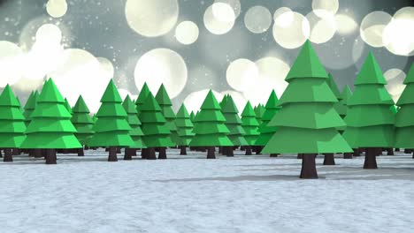 Multiple-trees-on-winter-landscape-against-spots-of-light-floating-on-grey-background