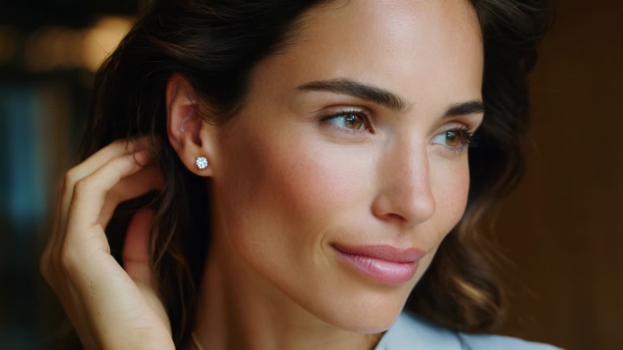 A close-up view of a stylish woman with elegant accessories, showcasing her natural beauty and captivating expression, reflecting confidence and sophistication in a well-lit environment