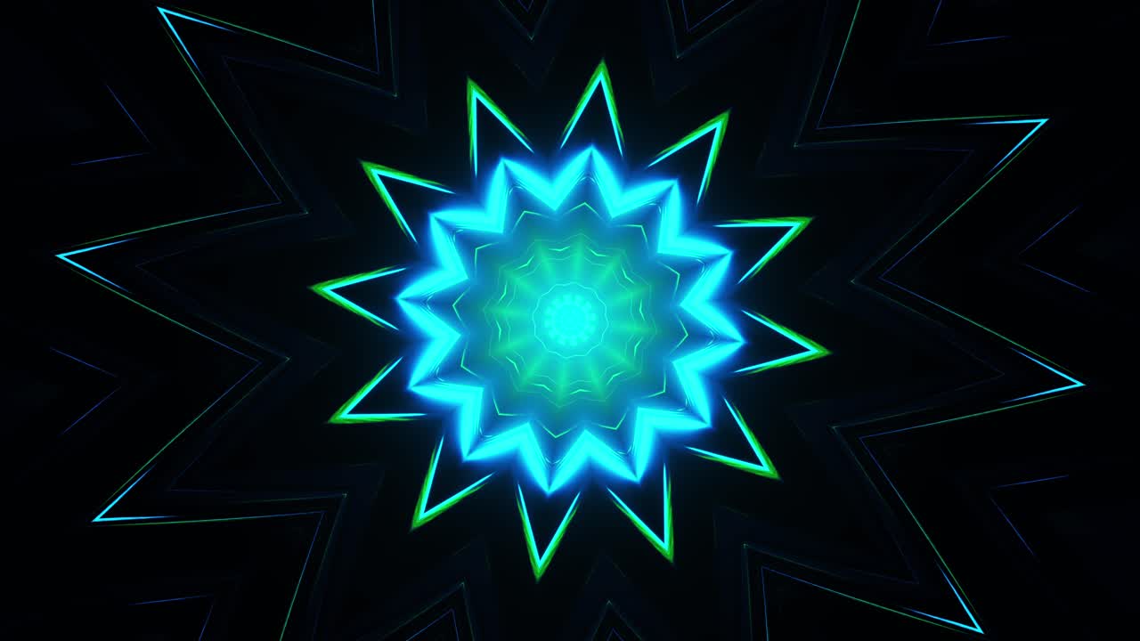 estrella azul con fondo negro y luz azul. ciclo de caleidoscopio vj