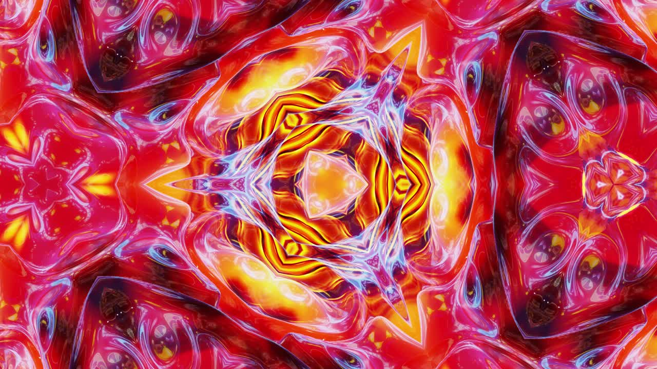 líquido rojo amarillo naranja patrón simétrico como caleidoscopio con ondas. 3d elegante bucle abstracto bg, estructura ondulada de vidrio líquido brillante con hermosos colores de gradiente. 4k