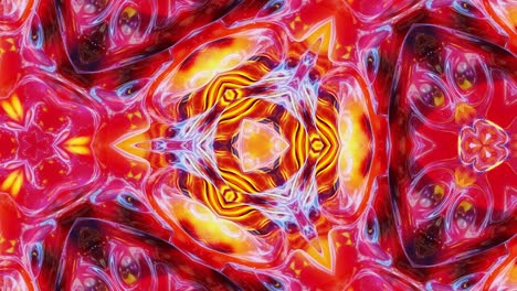 liquid red yellow orange symmetrical pattern like kaleidoscope with waves. 3d stylish looped abstract bg, wavy structure of brilliant liquid glass with beautiful gradient colors. 4k