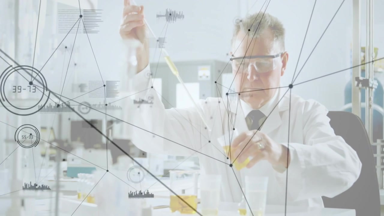 Senior chemist lifting pipette drawing yellow liquid metering into vial guided by HUD for analysis