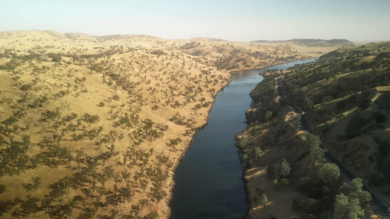 Merced Falls Aerial Drone fly river area around dry Sand Hills of California USA