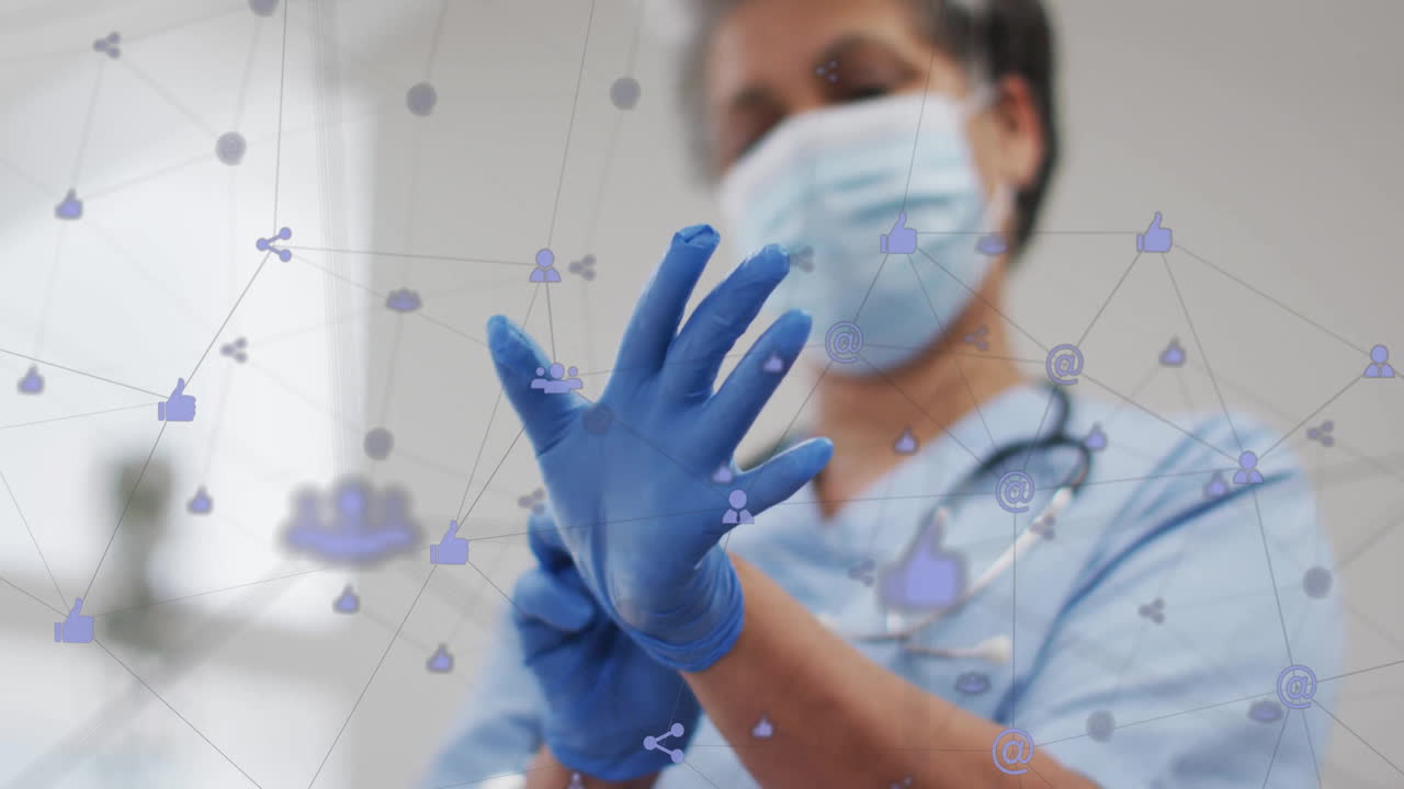 Healthcare professional wearing gloves, social media network animation over background