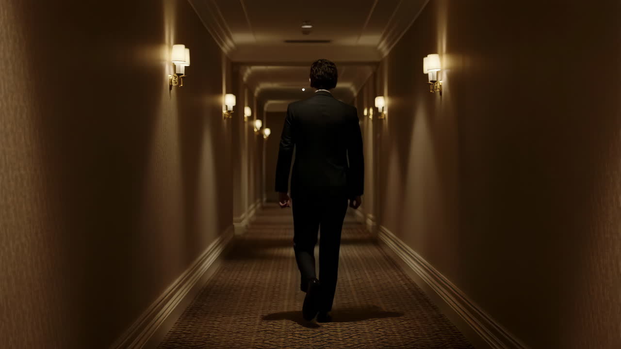 Uomo che cammina lungo un corridoio d'hotel