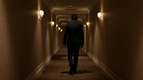 man walking down a hotel hallway