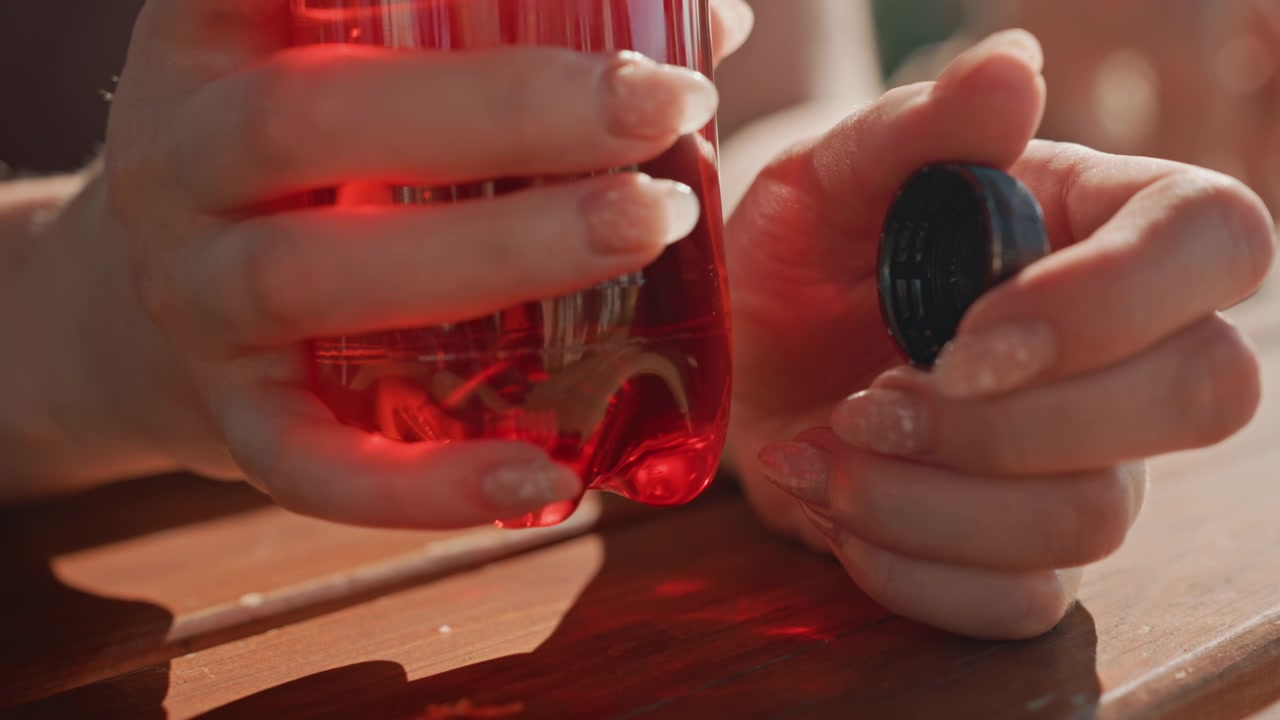 Manos de mujer abren la tapa roja de una botella de plástico, revelando el líquido en su interior. Una vista de cerca resalta sus uñas cuidadas y el recipiente transparente sobre una superficie de madera al aire libre con luz solar cálida.