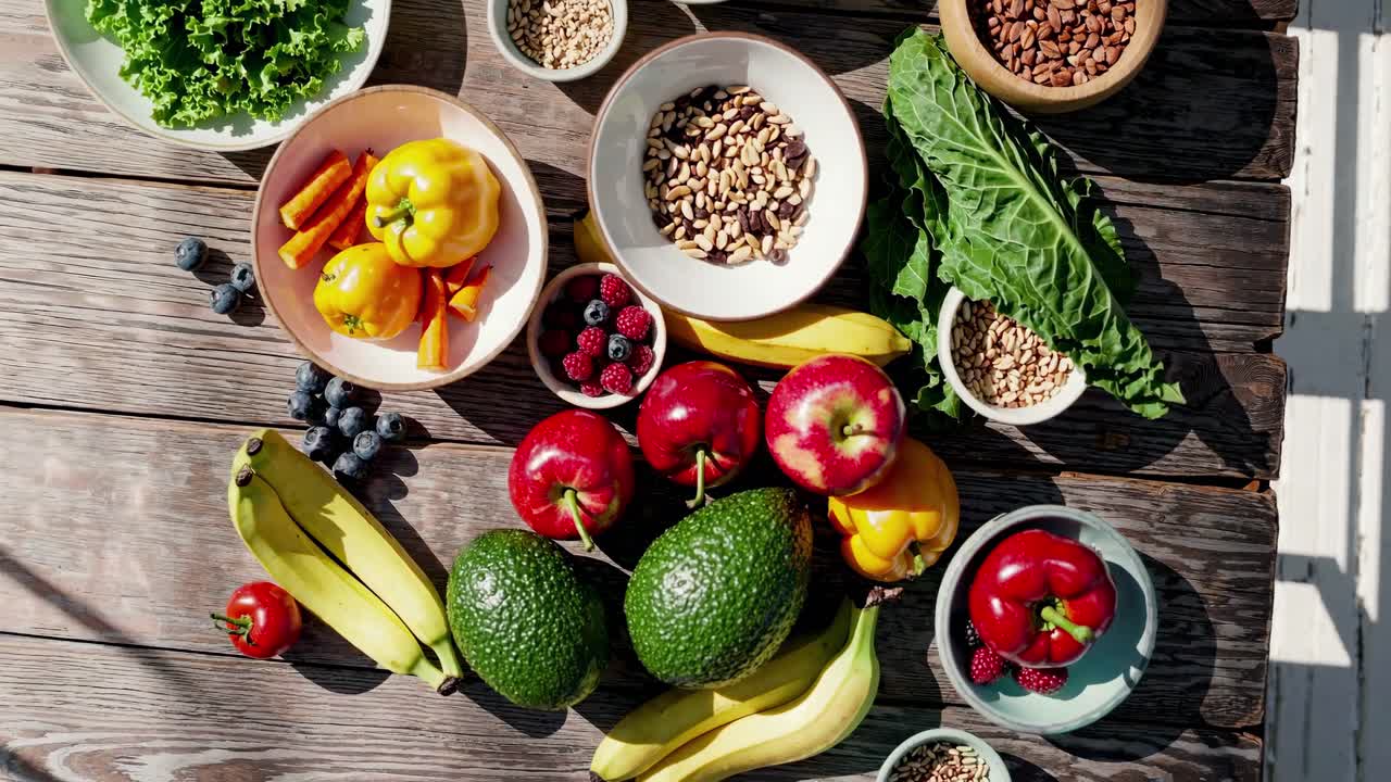 Video dall'alto di un tavolo rustico in legno pieno di frutta, verdura e cereali dai colori vivaci