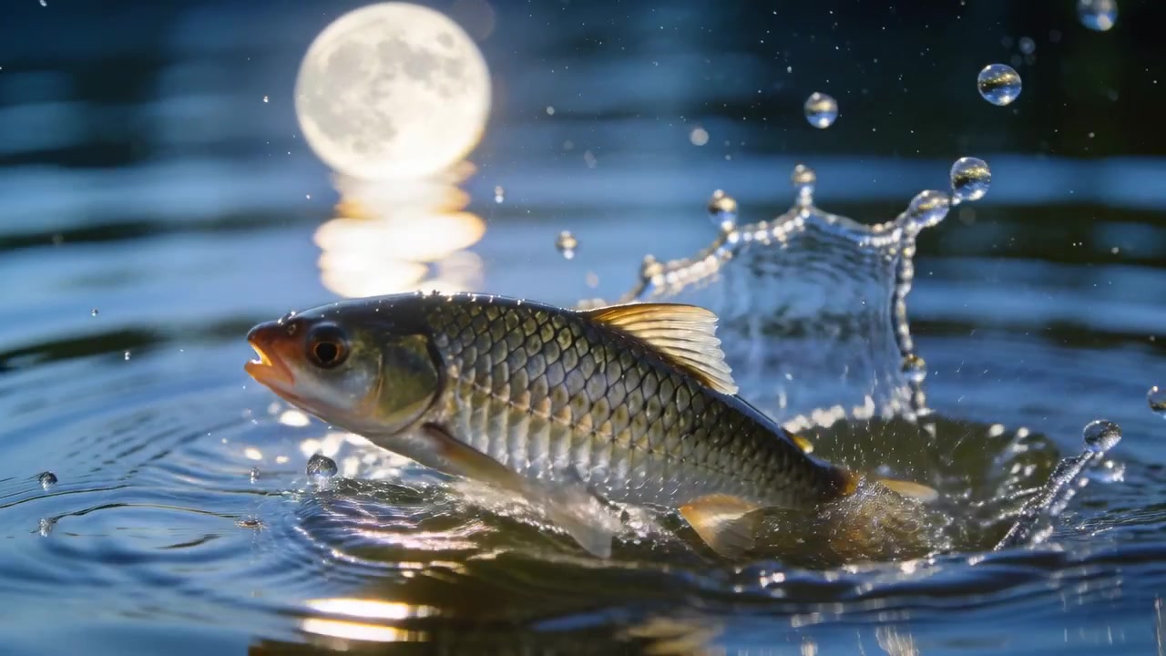Pesce che salta emergendo dallo stagno sotto la luna piena, creando una corona di schizzi mentre insegue un insetto per nutrirsi