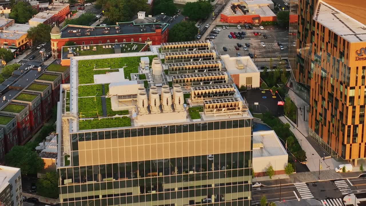 Drone view captures green rooftop gardens in urban Philadelphia