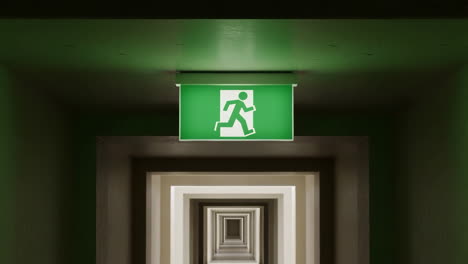 emergency exit sign in an infinite hallway
