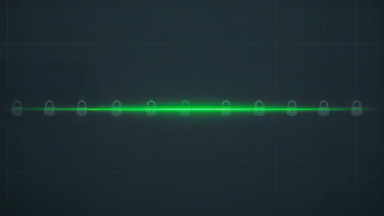 Receiving signal, neon-green progress bar expanding across grid UI, showing padlocks, copy space