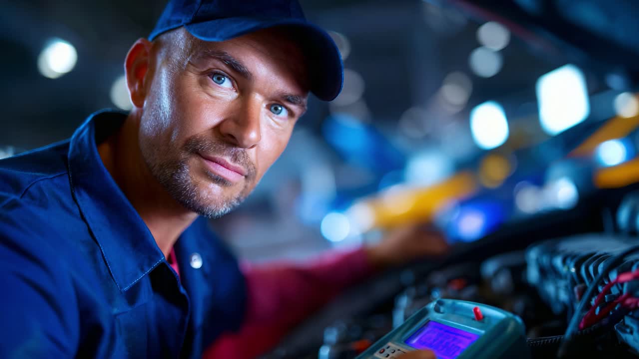 A skilled technician intently examines an engine with diagnostic tools, showcasing expertise in automotive maintenance and repair in a well-lit workshop environment