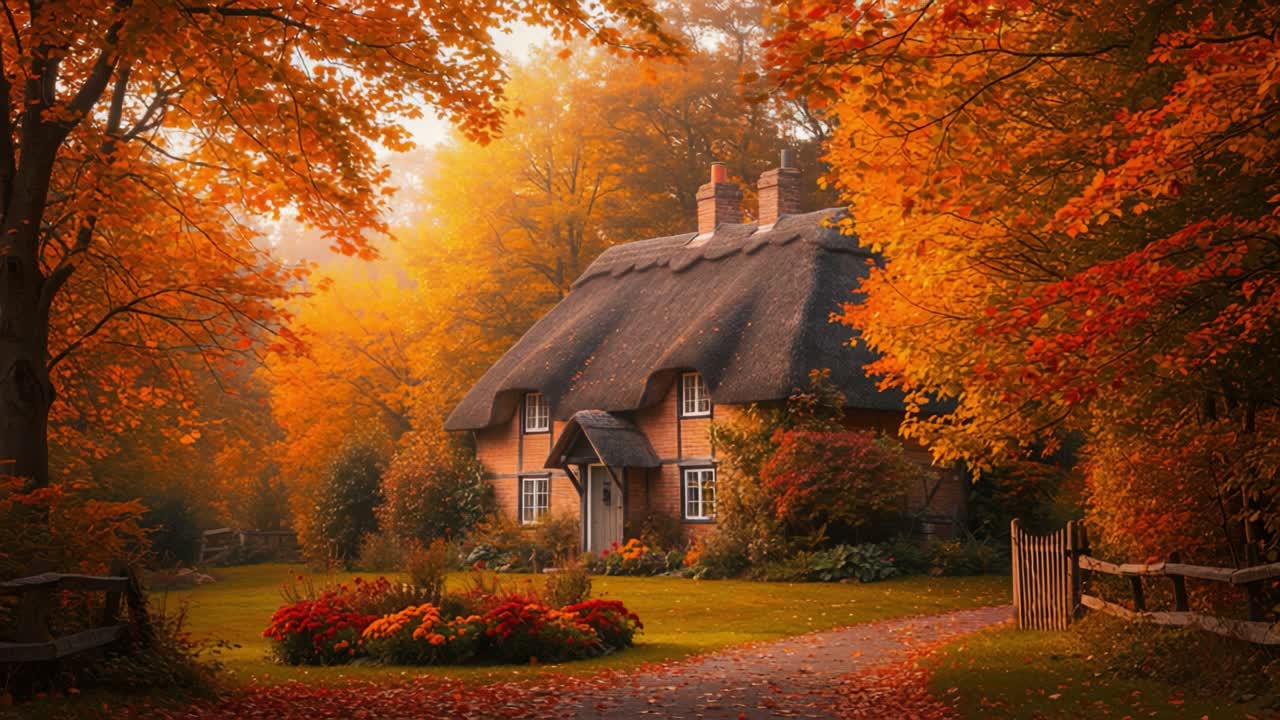 A Charming Cottage Surrounded by Vibrant Autumn Foliage and Golden Leaves, This Picturesque Home Offers a Stunning Display of Fall Colors and Scenic Beauty