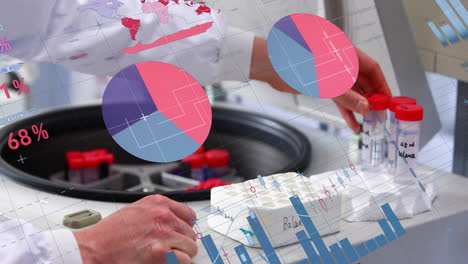 handling test tubes in laboratory, analyzing scientific data with charts and graphs animation