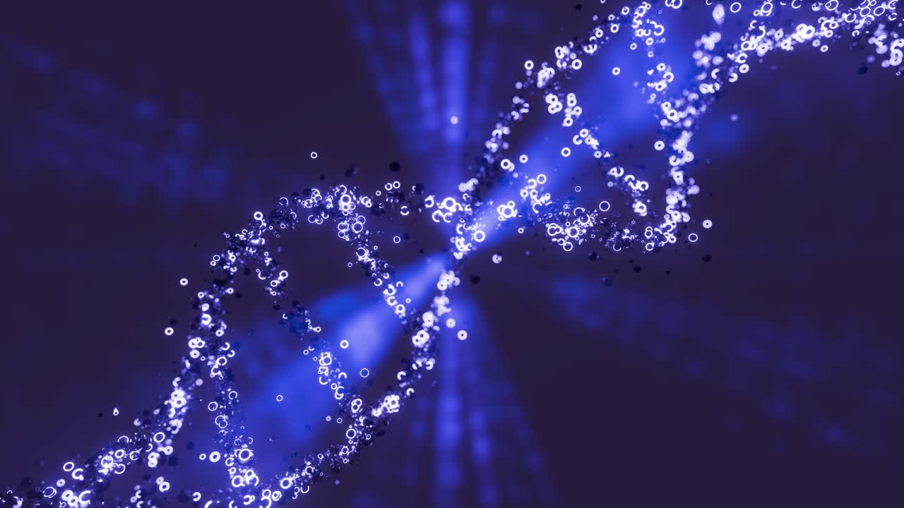 Blue glowing color DNA floating from gene against dark background, 3d loop