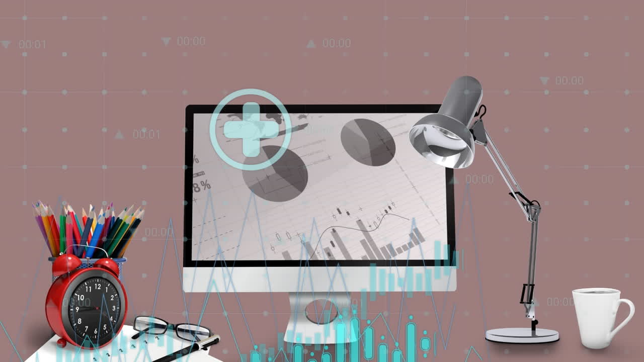 책상 컴퓨터에서 금융 데이터 처리의 애니메이션