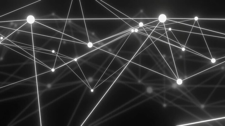 Animazione di una rete di connessioni con nodi luminosi su sfondo nero.