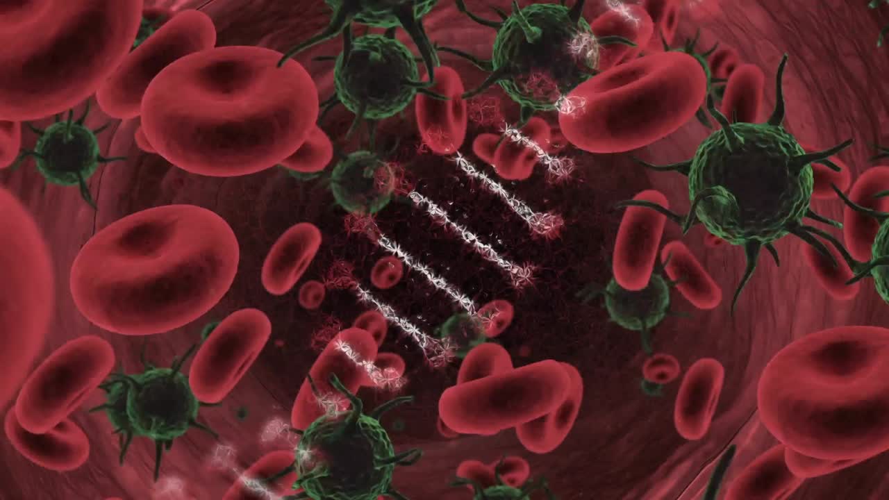 animación de la cadena de adn girando sobre las células de covid 19 flotando