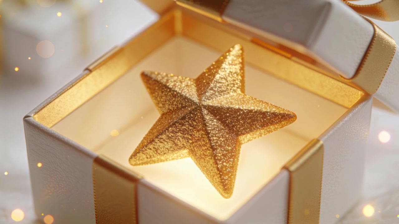 Regolando la messa a fuoco della fotocamera, una scatola regalo bianca rivela una stella glitterata dorata su un tavolo, in un allestimento decorativo.