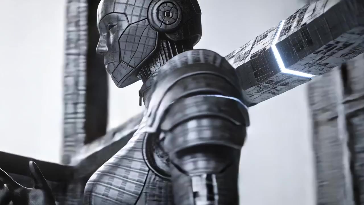 Shining lights driving camera pulling back by crossbar, female armored android touching chest seam