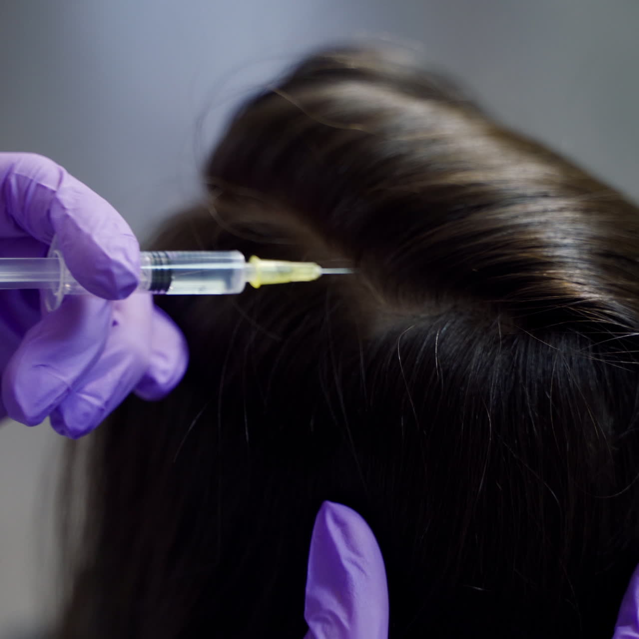 A beautician conducts mesotherapy for hair in gloves with using a professional medical product in the cosmetology center. Close-up.