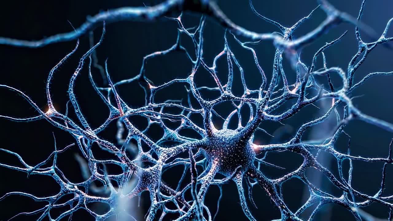 Close-up video of neural network, showcasing intricate, glowing blue synapses in a dark setting