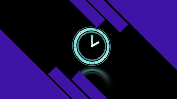 Animation of purple rectangles and clock with rotating hands on black background