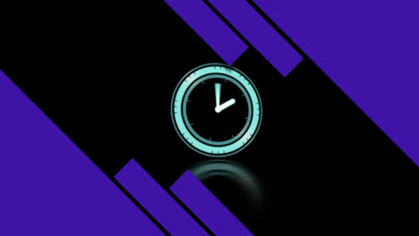 Animation-of-purple-rectangles-and-clock-with-rotating-hands-on-black-background