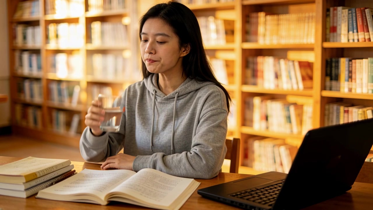 Donna con felpa grigia che si allunga, solleva un bicchiere, sorseggia, riprende a leggere un libro, dà un'occhiata al laptop, studiando in biblioteca