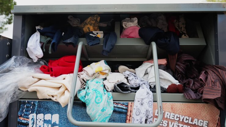 Antibes, France - May 17, 2025: Close up of an overflowing clothing donation bin