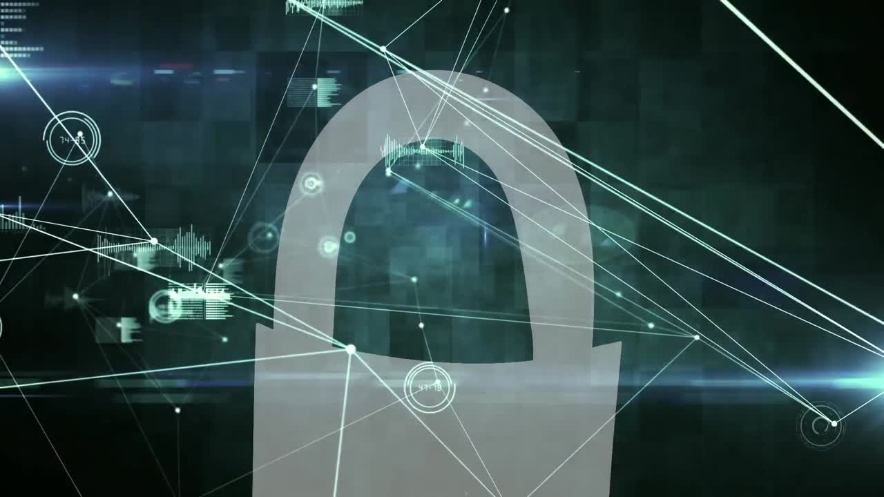 녹색 배경에 있는 보안  ⁇ 락 아이콘을 통해 연결된 네트워크의 디지털 애니메이션