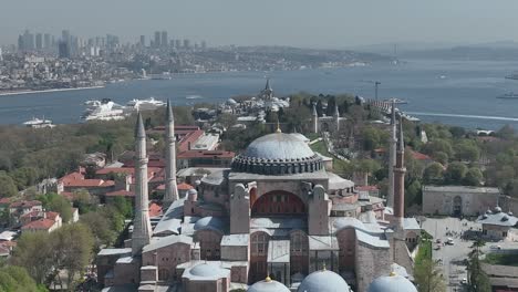 renovated blue mosque and hagia sophia drone video, april 2022 fatih, istanbul turkey