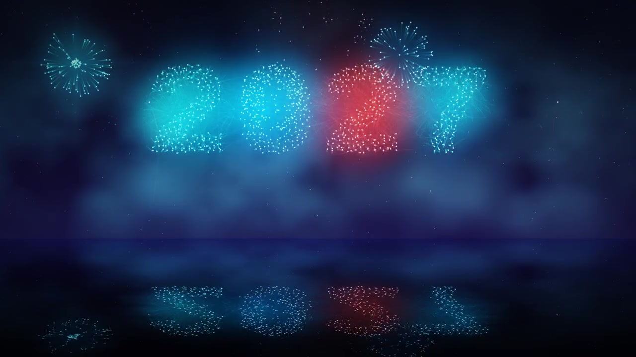 Countdown to 2027, bright celebratory fireworks illuminate the dark evening sky and reflect softly on the quiet water surface below, loopable New Year's Eve animation